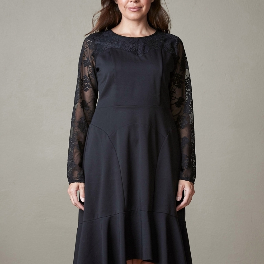 Rickie Freeman for Teri Jon Black Lace-Sleeve Midi Dress